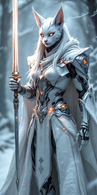 The primary subject of the image is a woman dressed in a white outfit, holding a sword. She is standing in a snowy environment, which adds to the overall atmosphere of the scene. The visual style of the image is digital art, as it appears to be a well-crafted illustration. The colors in the image are predominantly white, which gives the scene a clean and pristine appearance.
